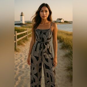 Doe & Rae, Black White Geometric Print Wide leg Jumpsuit, Size S | 0208